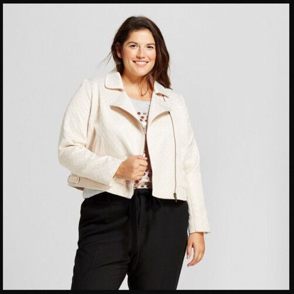 a new day NEW‎ Cropped MOTO Zip JACKET Womens L LARGE Coat Cream Gold Metallic